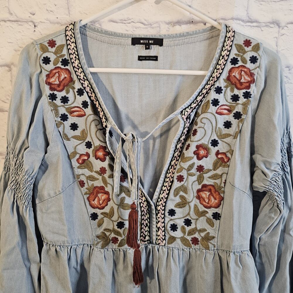 Miss Me Women's Small Blue BOHO Embroidered Tunic Mini Dress Long Sleeve - Picture 2 of 6